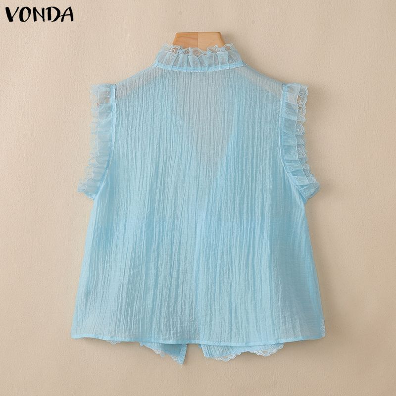 VONDA Women's V-Neck Sleeveless Lace Trim Front Bandage Ruffle Semi-Sheer Tank Tops Beach
