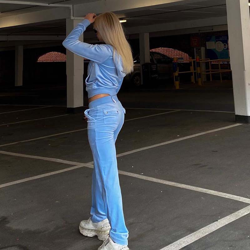 Women Autumn Winter Fashion Hoodies Jogging Tracksuit Velvet Zipper Sweatshirt Straight Leg Pants Two Piece Set