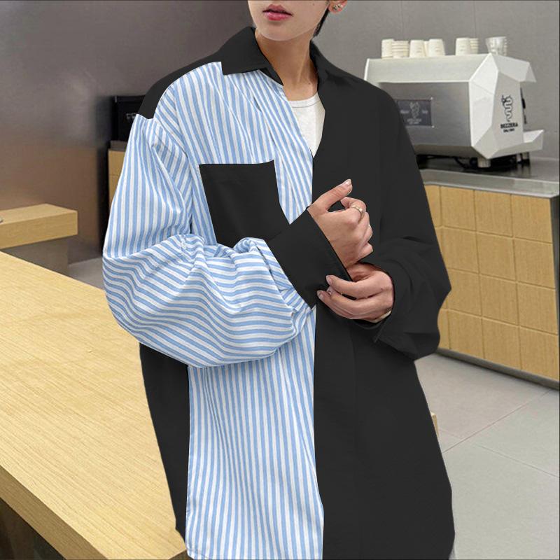 INCERUN Oversized Men Lapel Neck Long Sleeve Striped Patchwork Casual Shirts Tops 