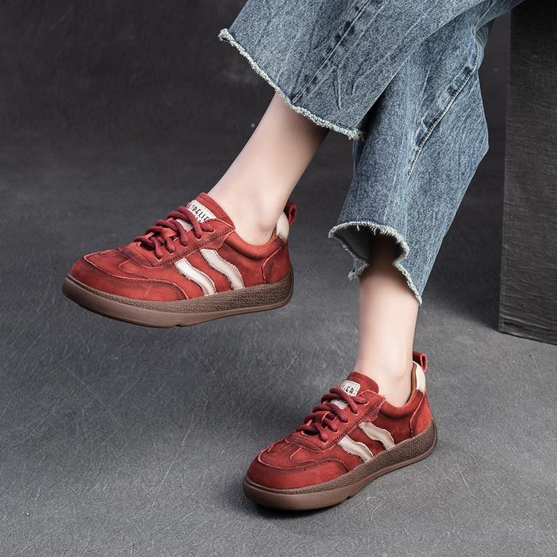 Johnature Farbige Sneakers Bequeme flache Schnürschuhe Retro Echtleder Casual Damenschuhe