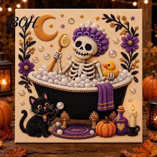 Whimsical Ghost And Pumpkin Art Halloween Faux Pearl Kit, Cute Skeleton Painting Handmade Gift for Craft Lovers DIY 3D Kit Adults, Fall Home