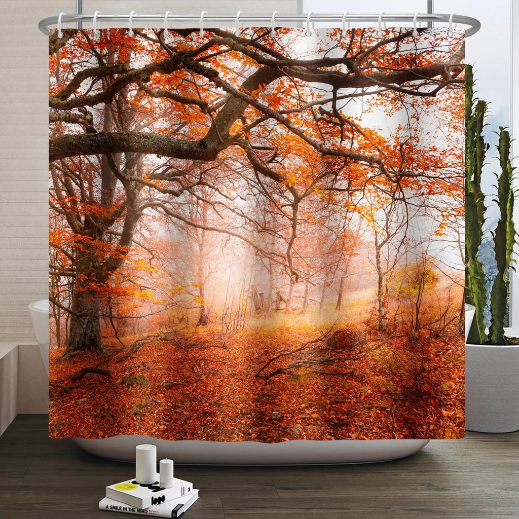 Fall Forest Natural Scene Shower Curtain for Bathroom Autumn Maple Tree Plants Rural Landscape Pumpkin Waterproof Shower Curtain