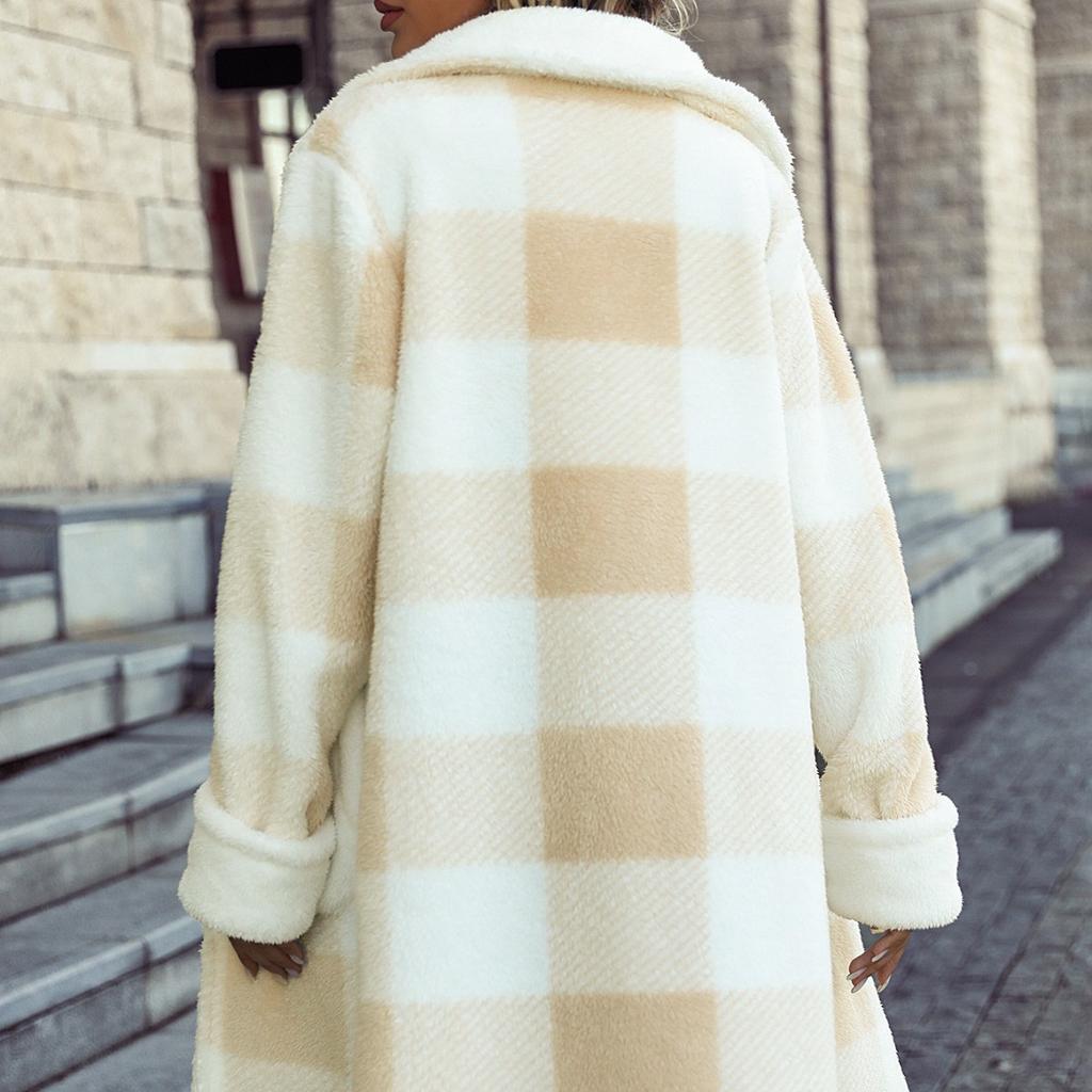 2025 Winter Women's Plaid Print Coat Fashion Lapel Single Breasted Fleece Long Jacket for Europe and America