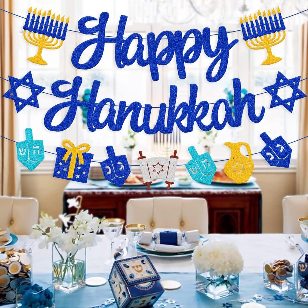Happy Hanukkah Banner Chanukah Hanukkah Holiday Theme for Festival Wedding Baby Shower Birthday Party Supplies Glitter Blue Decorations
