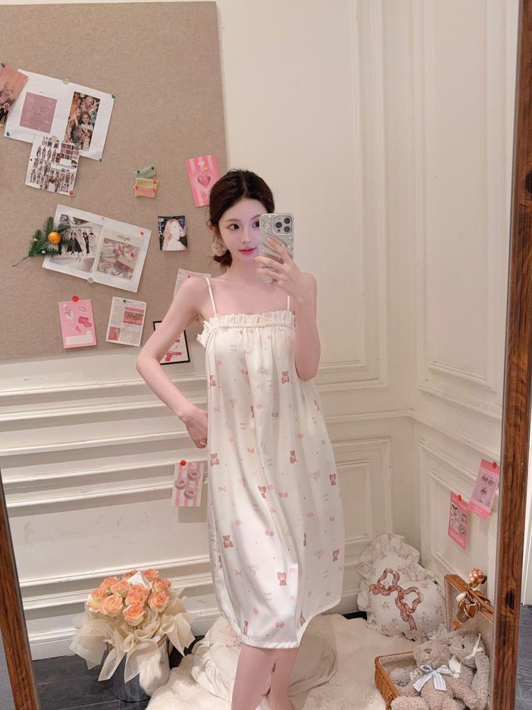 Girly Pajamas Summer Ice Silk Bear Pajamas Japanese Sweet Pajamas Homewear Cute Cartoon Suspender Skirt Powder