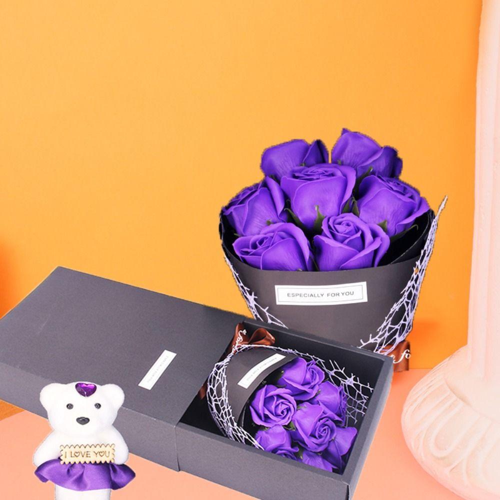 With Bear Doll 7 Rose Soap Bouquet Packing Box Artificial Flowers Rose Bouquet Gift Box Ribbon Bow Simulated Rose Bundle