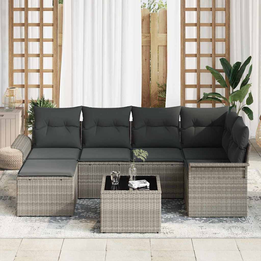 Garden Sofa Set with Cushions 7 Pcs Light Grey Poly Rattan