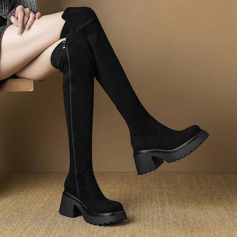 Korean version suede high-heeled large-size women's boots comfortable side zipper solid color square-heeled thick-soled leather boots non-slip autum