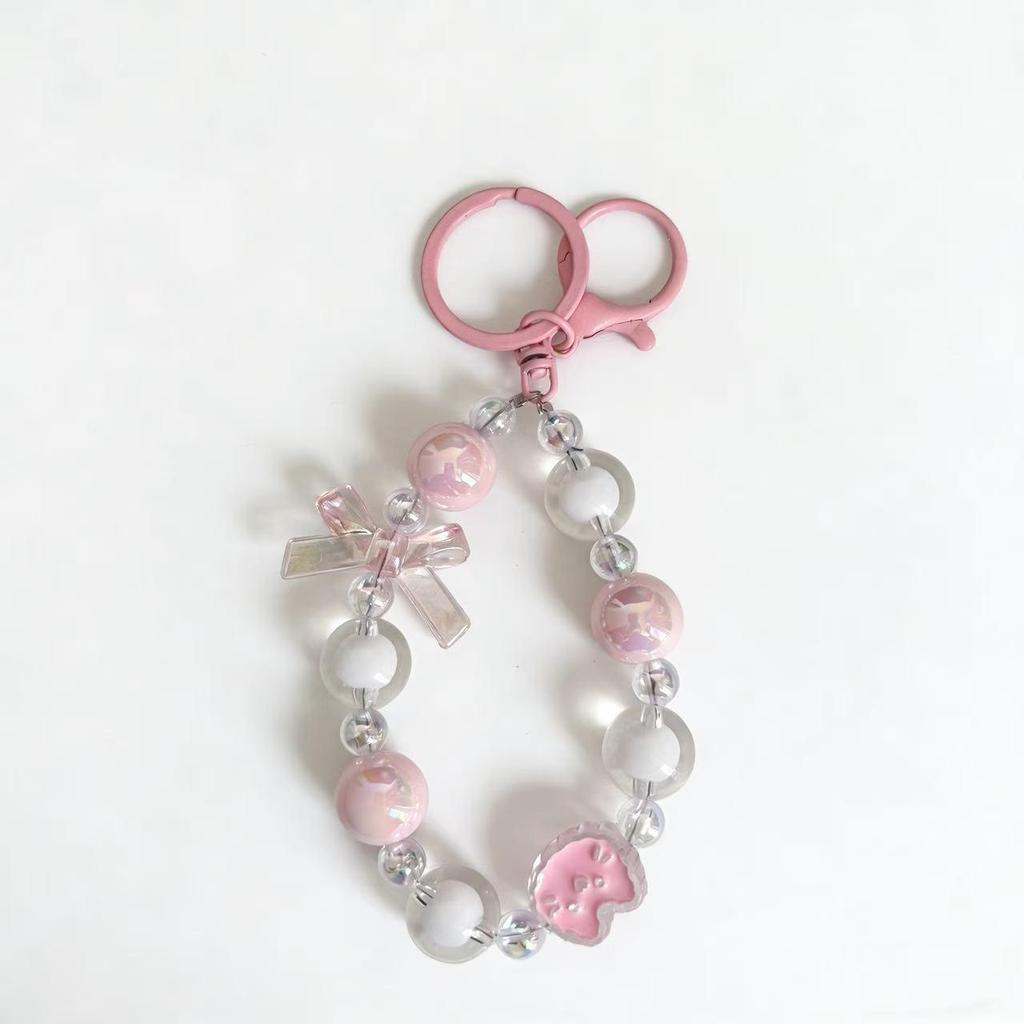 Fresh Candy Color Bow Cat Beaded Phone Lanyard Keychain Bag Charm