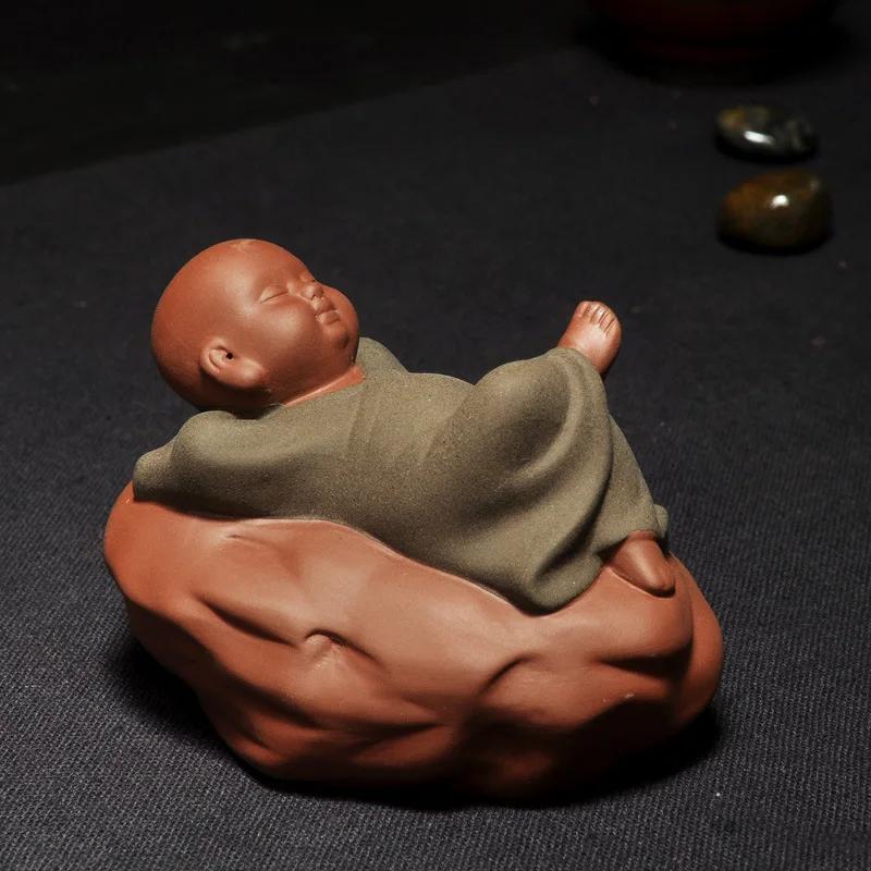 Chinese-Style Purple Little Monk Ornaments Handmade Ceramic Little Shami Doll Creative Desk Small Decorations Home Decor Tea Pet