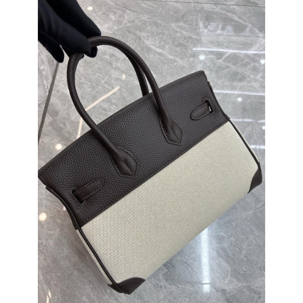 2026 new first-layer lychee pattern cowhide with linen canvas platinum bag genuine leather handbag European and American messenger bag bag