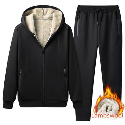 Men's Winter Sherpa Hooded Suit - Thick, Solid Color, Long Sleeve, Casual Warm Trousers Set