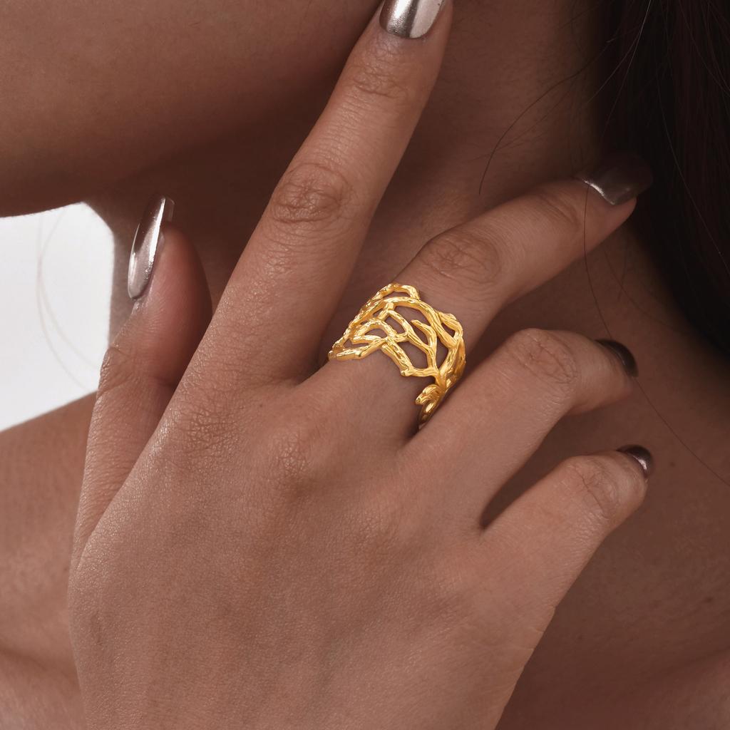 Geometric Leaves Opening Ring for Women,Gold Color Stainless Steel Irregular Hollow Rings,Chic Jewelry Party Mother's Day Gift