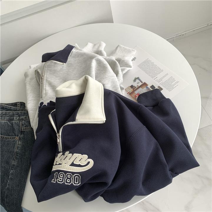 Women's Light Grey Retro Embroidered Casual Half-Zip Sweatshirt