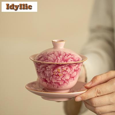 Peony Powder Ru Kiln Gaiwan Handmade Tea Tureen Household Tea Bowl With Lid Kit Tea Brewing Cover Bowl Kung Fu Tea Set Supplies