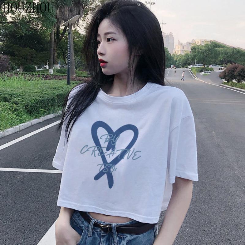 

HOUZHOU укороченная футболка женская с принтом свободная летняя футболка с коротким рукавом пупок Ins сексуальная шикарная повседневная тенденция большого размера L