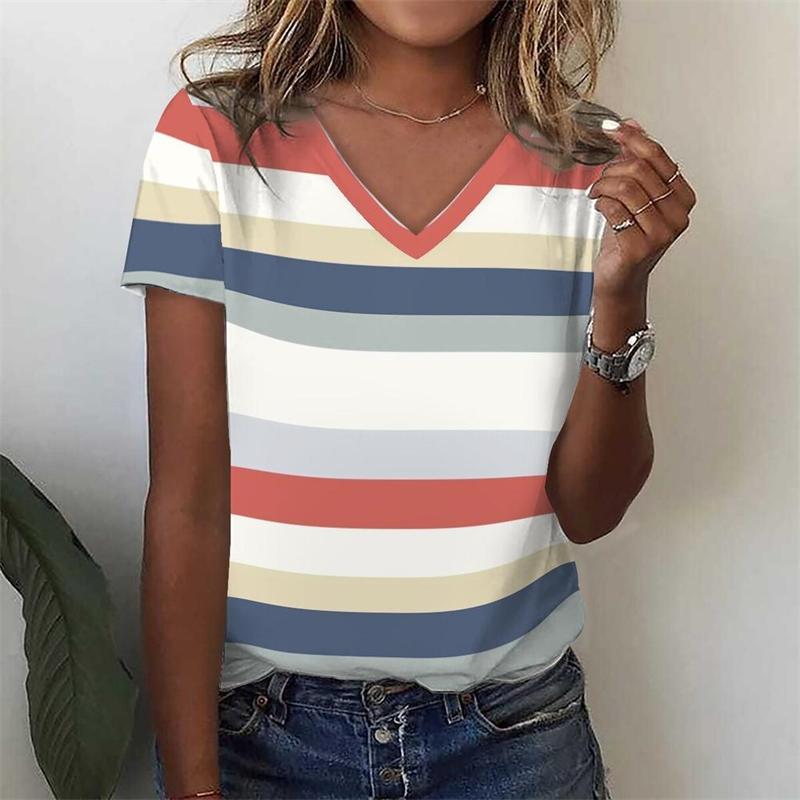 Stripe Graphic T Shirt Women Summer V-Neck Short Sleeve Tops Holiday Casual Tees Y2k Woman Streetwear Harajuku Oversized T-shirt