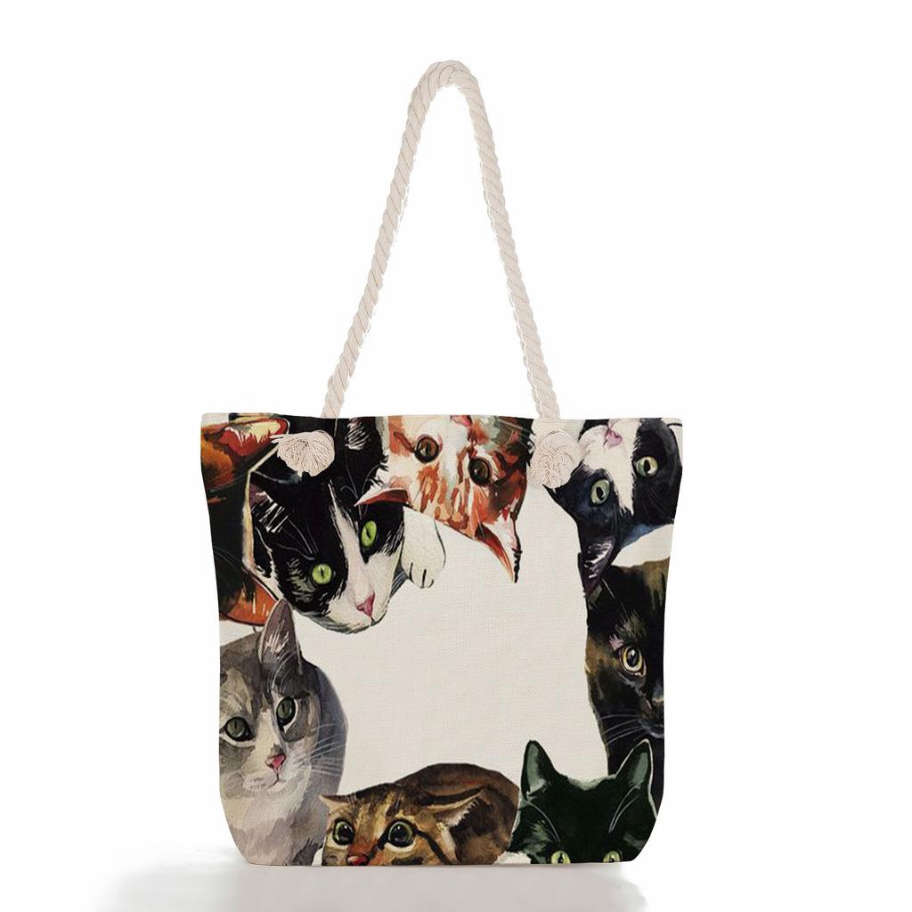 Cute Cats and Dogs Print Thick Rope Single-shoulder Beach Bag 7225