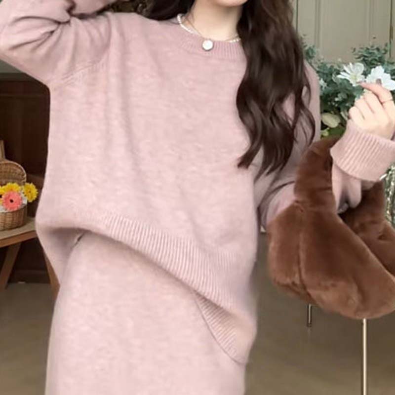 

Женские костюмы комплекты хлопковая толстовка юбка утолщенный свитер топ длинная юбка костюм из двух предметов 2 шт. XL розовый