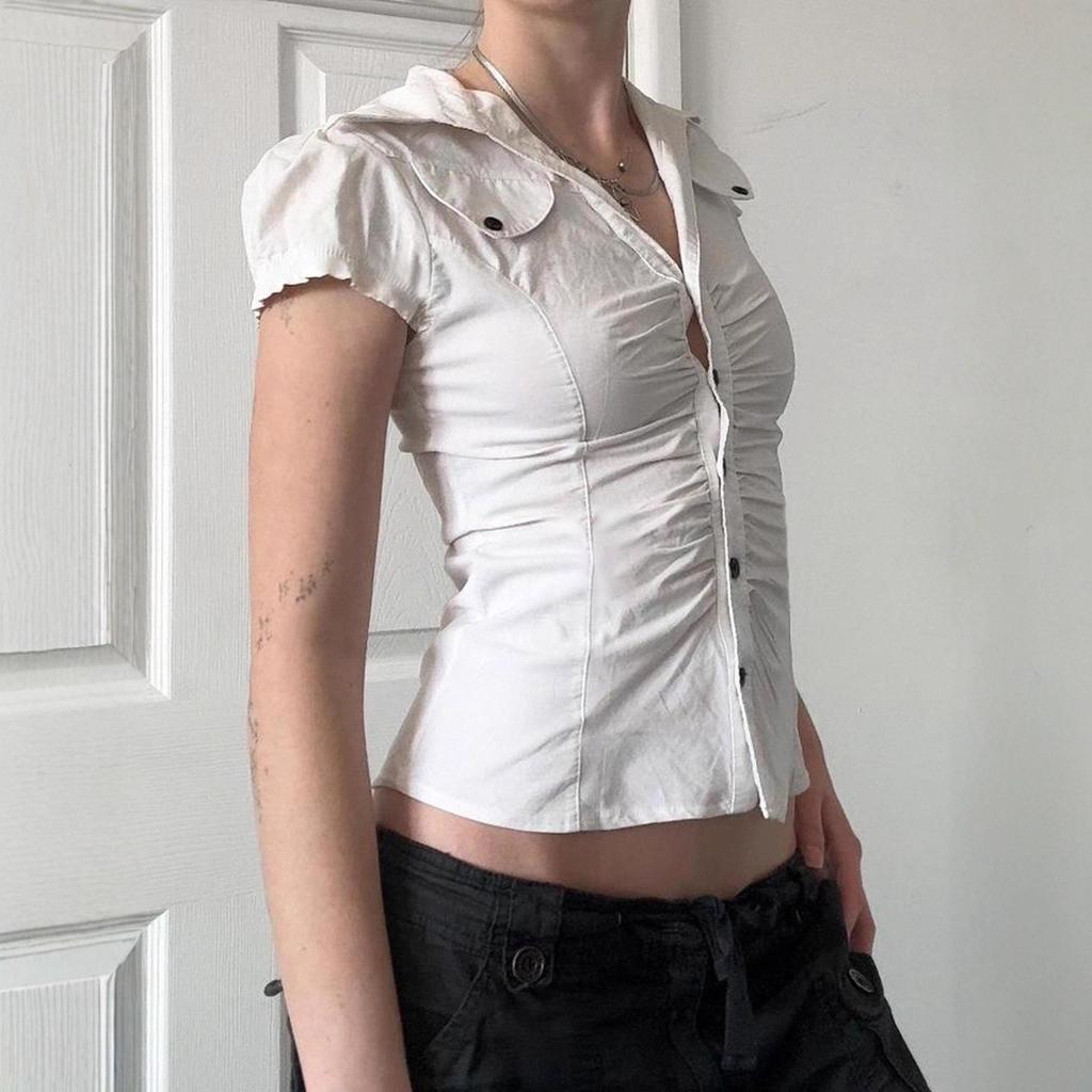 American Style Lapel Waist-Cinched Pleated Short-Sleeve Cardigan Shirt