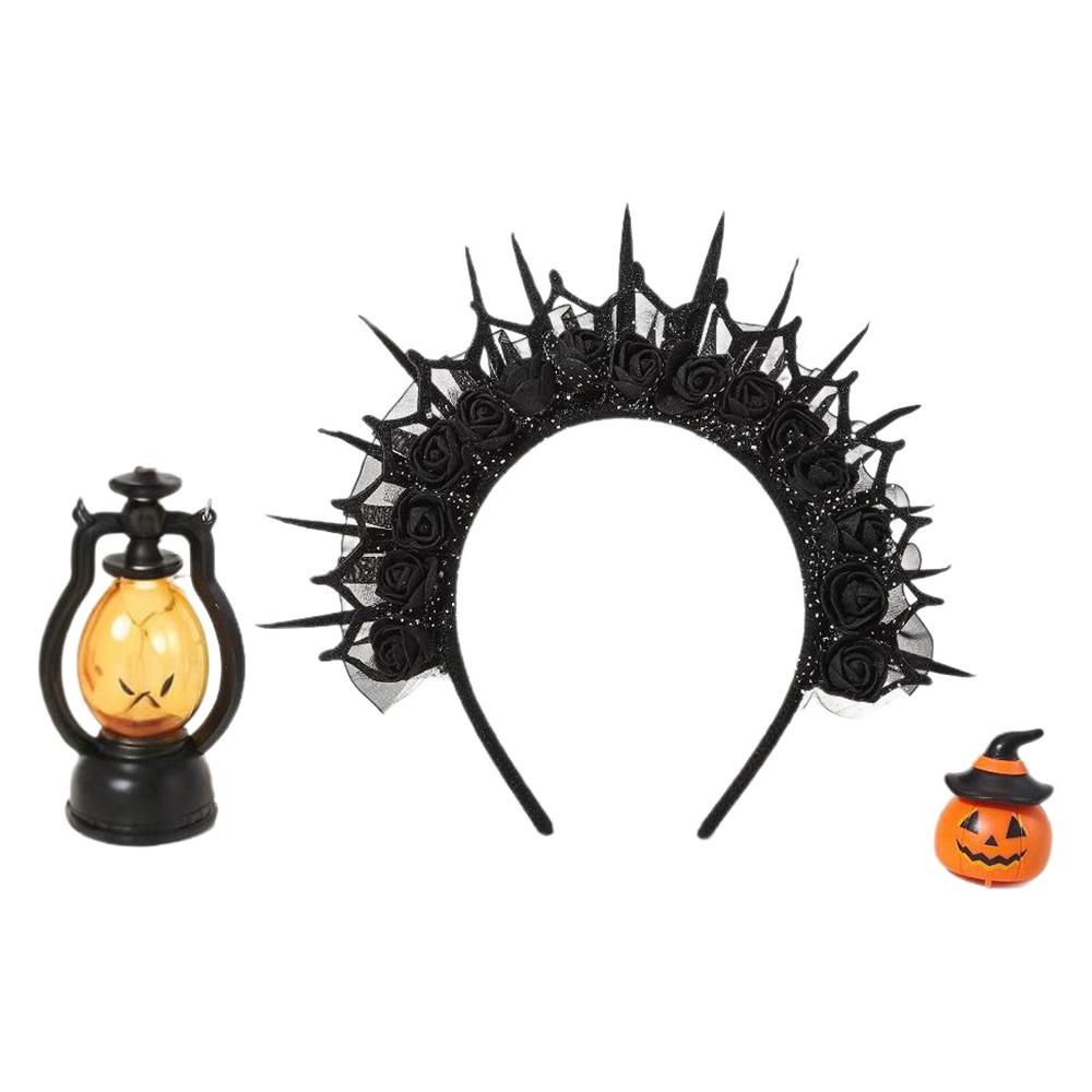 Schwarze Rosen-Spitzenkrone Stirnband für Damen Mädchen Hexe Haarband Halloween Party Cosplay Kostüm Kopfschmuck Zubehör