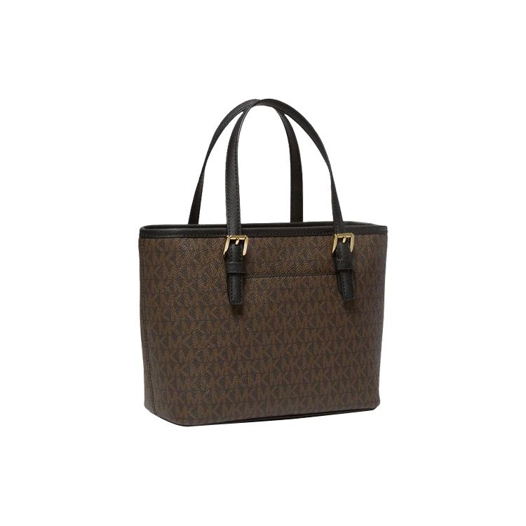 Michael Kors Mk Jet Set Monogram Color Block Coated Canvas And Leather Trim Tote Bag Shopping Bag Shoulder Crossbody Handbag Mini 35T9GTVT0B-BROWN-BLK