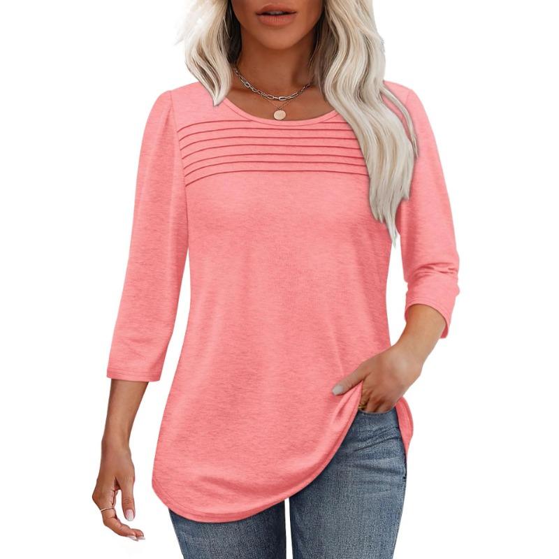 Autumn Round Neck Seven Quarter Sleeve Pleated Top Women's T-shirts