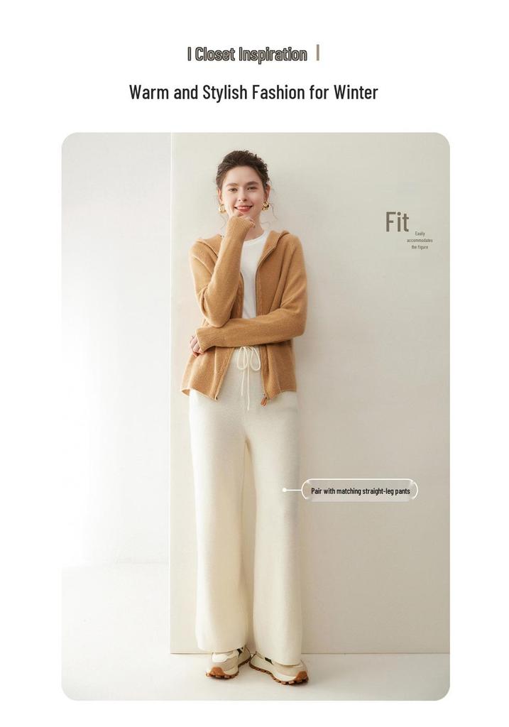 Elegant Hooded Cashmere Knit Cardigan for Women - Cozy, Loose Fit, Thick Zipper Sweater Coat