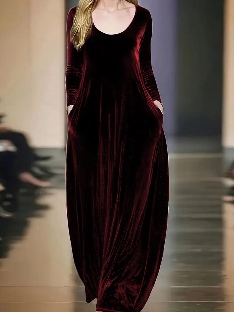 Autumn Winter New Style Crew Neck Velvet Elegant Long Sleeve Dress with Wide Skirt and Solid Color