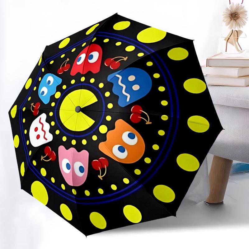 1PC Pac-Man Pattern Automatic Folding Umbrella, Portable Collapsible Design, Casual Outdoor Accessory, For All Seasons, Christmas Birthday Festival Gi