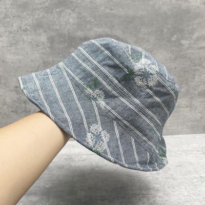 White Fog Blue Striped Flower Embroidery Cotton And Linen Bucket Hat Women'S Casual Chic Pot Hat