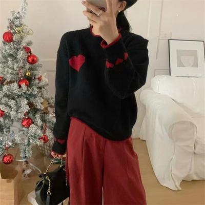 Herbst und Winter neuer Strickpullover Damen Kontrastfarbe Liebe Mode vielseitig und dünnes Oberteil Damen