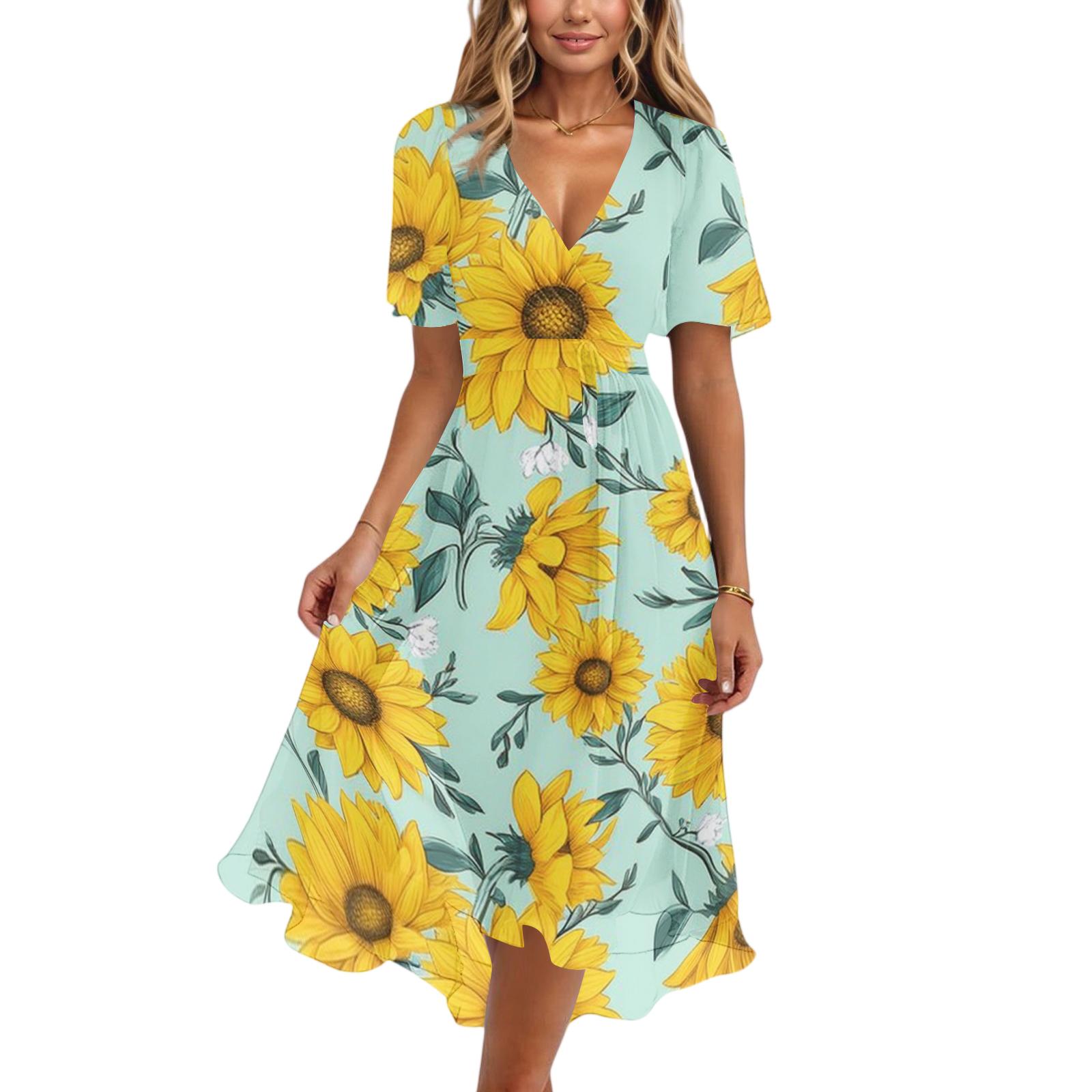 Women s fashion casual V-neck short sleeve printed dress L