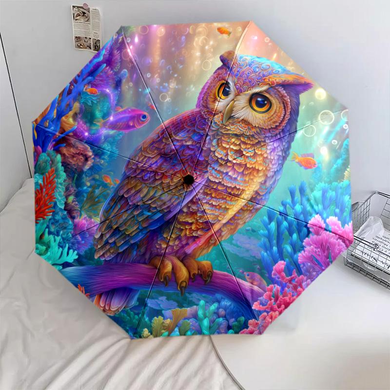 Flower Owl pattern, automatic folding umbrella, portable and foldable design, 8 ribs, a Christmas or birthday gift.