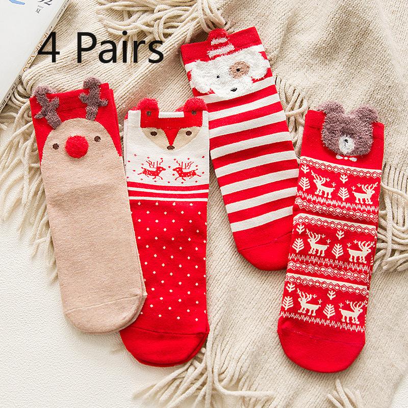 

4 пары женских осенне-зимних мультяшных рождественских трехмерных прямых носков-трубок большого красного цвета 4 pairs