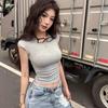 Summer European and American Sexy Spice Girls Style Back Cross Short Halter Short Sleeve T-Shirt Crew Neck Front Shoulder Top