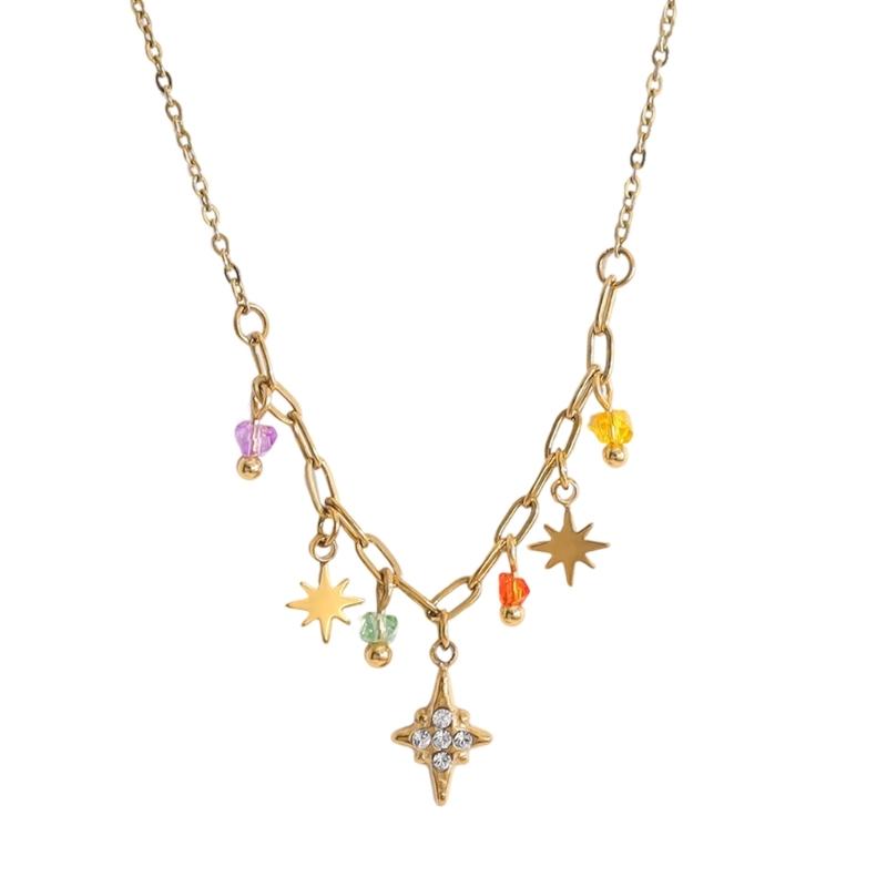 

Стильное колье на ключицы с уникальным подвесом в виде восьмиконечной звезды Стальная бижутерия для повседневной носки 1