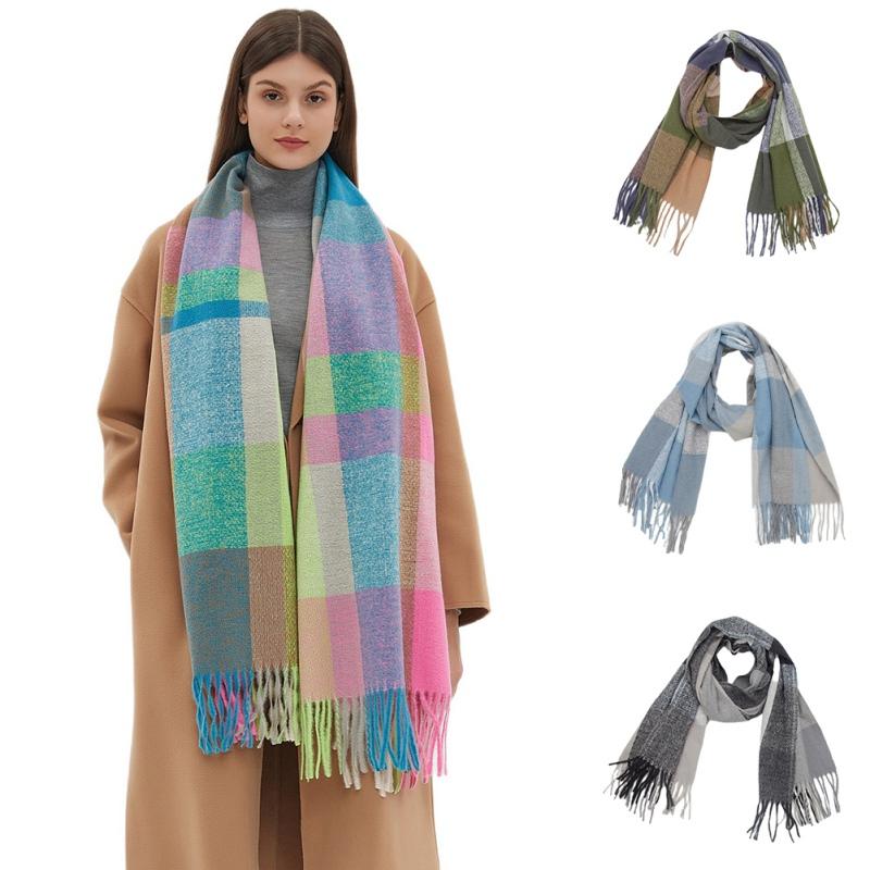 

Женский шарф с кисточками, зимняя шаль, утолщенный клетчатый шарф двойного назначения