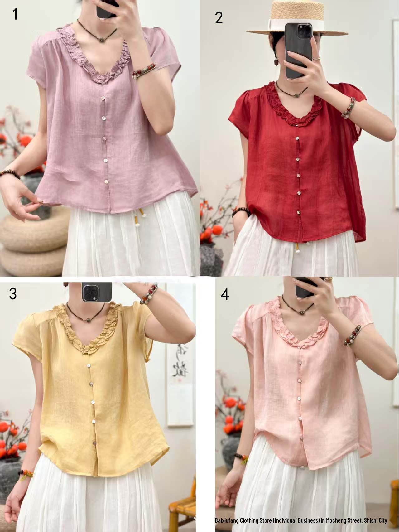 Artistic Chinese Style Embroidered Ramie Cardigan - Women s Round Neck, Three-Quarter Sleeve, Loose Fit Summer 2026 Top. Color 1