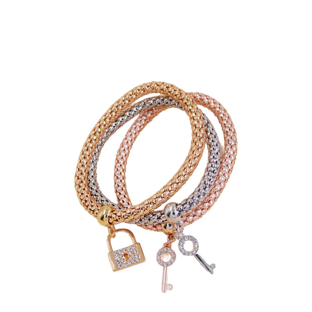 Accessories Gold Plated Fashion Geometric Charm Bracelet Corn Chain with Diamond Key Lock Trendy Alloy Jewelry