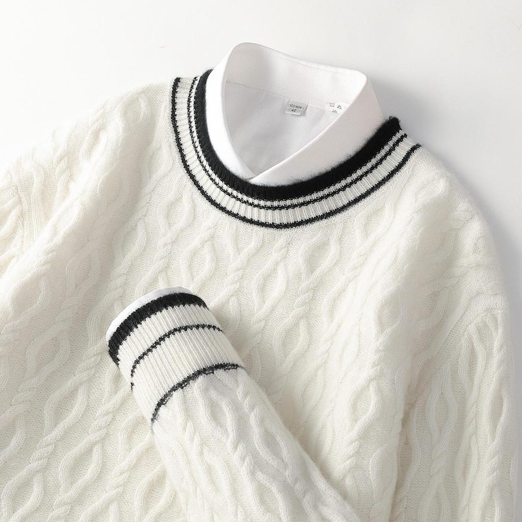 Men's Color-Block Jacquard Wool Sweater - Thick, Round Neck, Long Sleeve Knit for Autumn/Winter