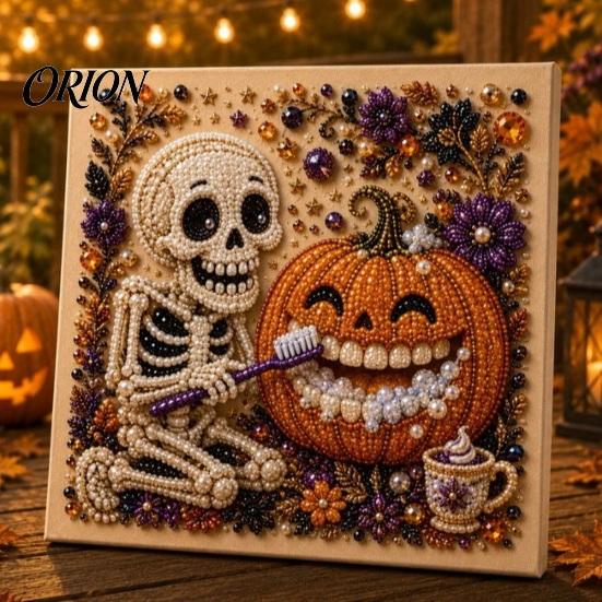 Cozy Seasonal Wall Display Halloween Faux Pearl Art Kit, Cute Ghost Skeleton Painting Whimsical And Pumpkin DIY 3D Craft Kit for Adults, Fall