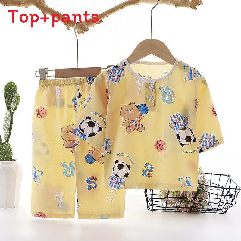 Cartoon Dinosaur Kids Sleepwear Set With Breathable Cotton Silk For Summer Comfort