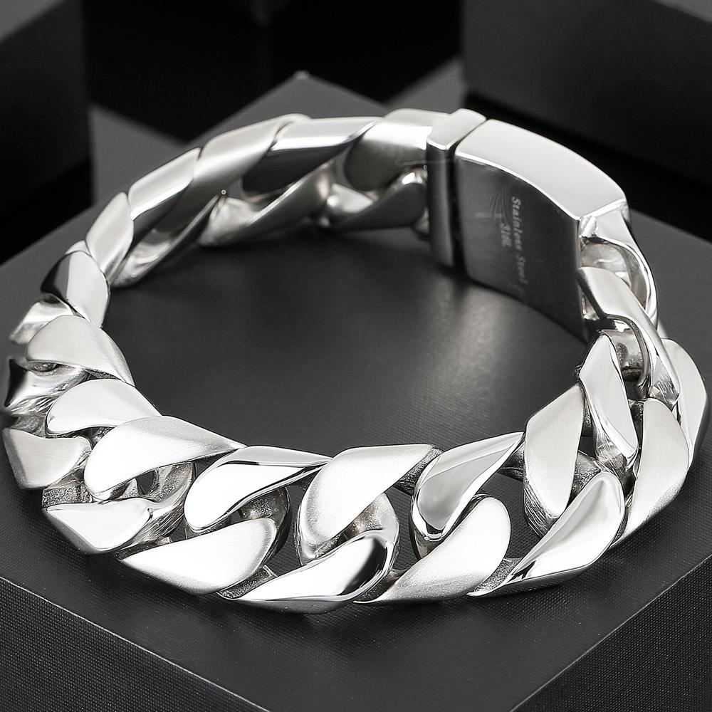 Classic Stainless Steel Mens Jewellery 17MM Width Shiny Brushed Matte Curb Cuban Chain Bracelet Men Homme Gift Bangles 2024