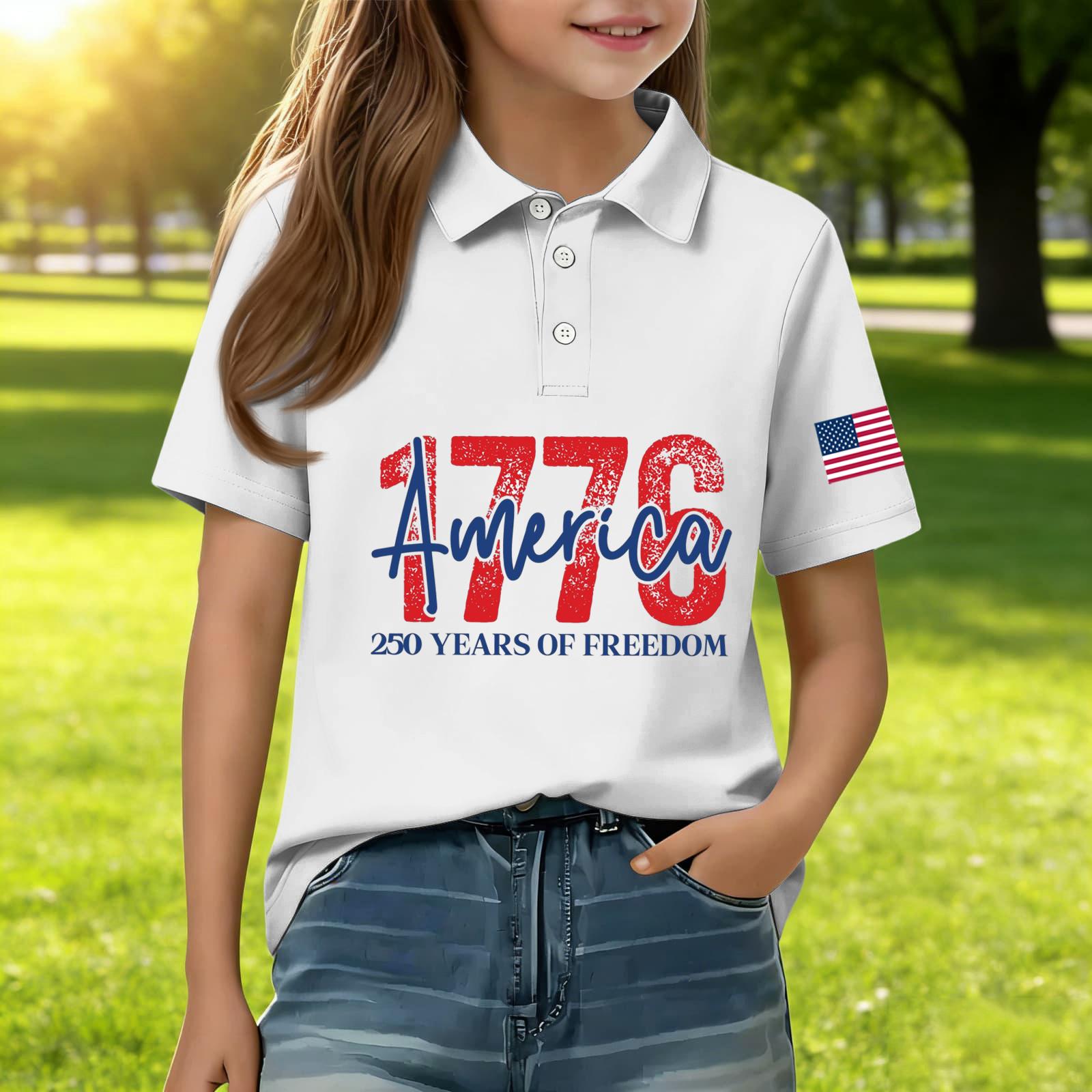 

Kids Casual Short Sleeve Polo Shirt Independence Day Print 1776 America Graphic Tee Button Down Collar Boys Girls Summer Top 150