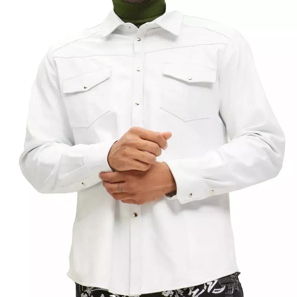 

Рубашка ручной работы из натуральной мягкой овчины в мотоциклетном стиле, новая мужская белая кожаная рубашка XL белый