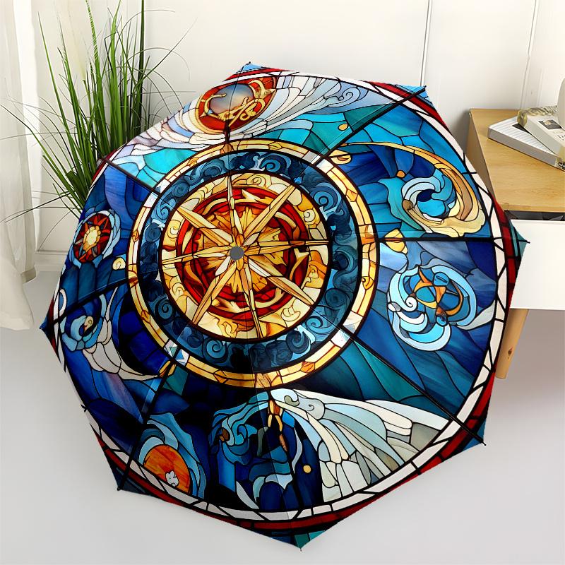 Stained Glass Window Panel with Compass Design, Decorative Art for Home or Church Umbrella, Cute Umbrella with Cute Design, Portable 3-Fold Compact Um