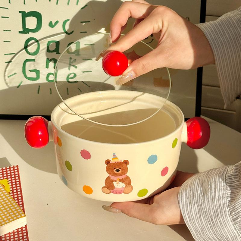 Ins Cream Wind Cute Cartoon Ceramic Binaural Instant Noodle Bowl Snail Powder Bowl Noodle Bowl Soup Bowl with Lid