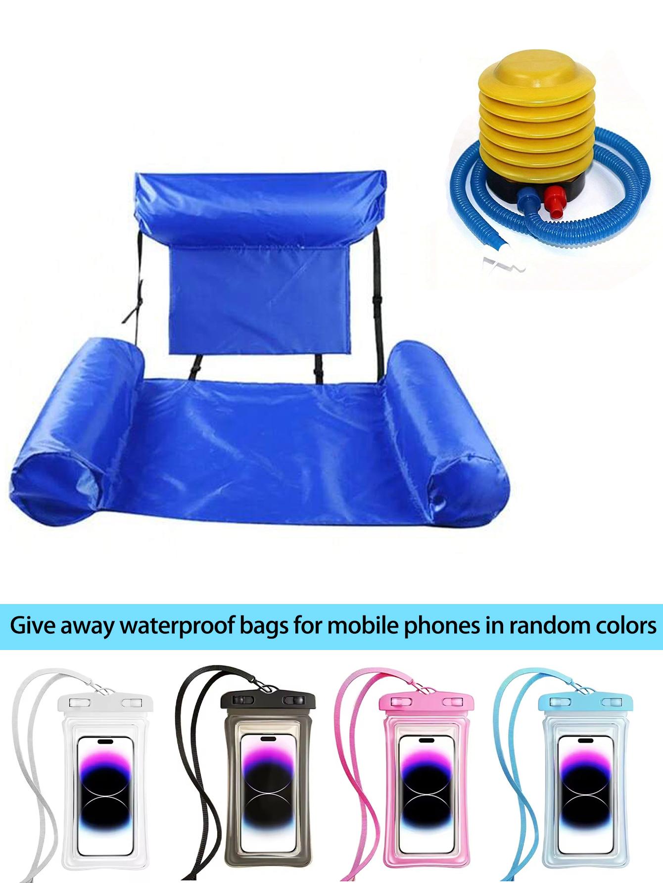 

3pcs inflatable floating water mattress pads, an inflation pump, and a waterproof mobile phone bag as a complimentary gift. синий