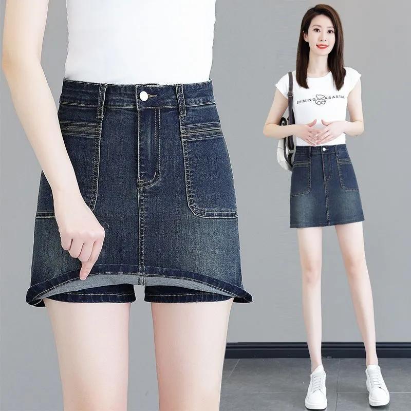 Women's Dark Blue Denim Mini Skirt High-Waisted Casual A-Line Jean Skirt with Pockets